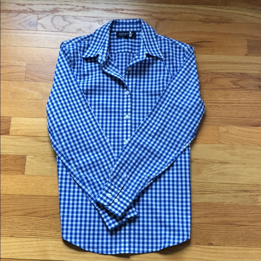 Jones New York Blue And White Check Long Sleeve Front Button Up Top Size S